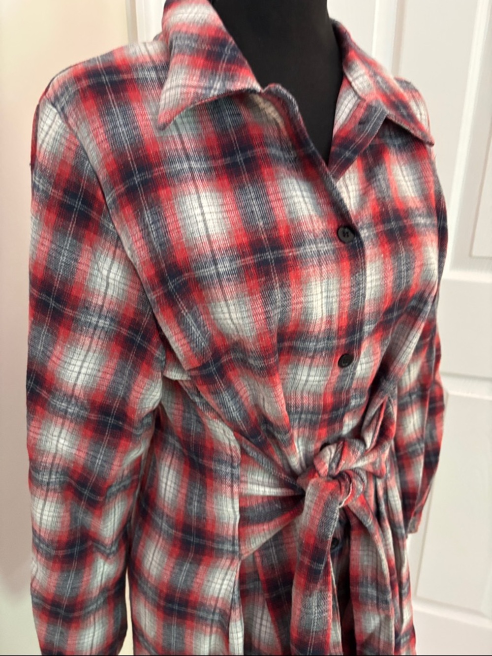Plaid Button-Front Shirt Dress with Waist Tie - Red/Black/White - Picture 3 of 4